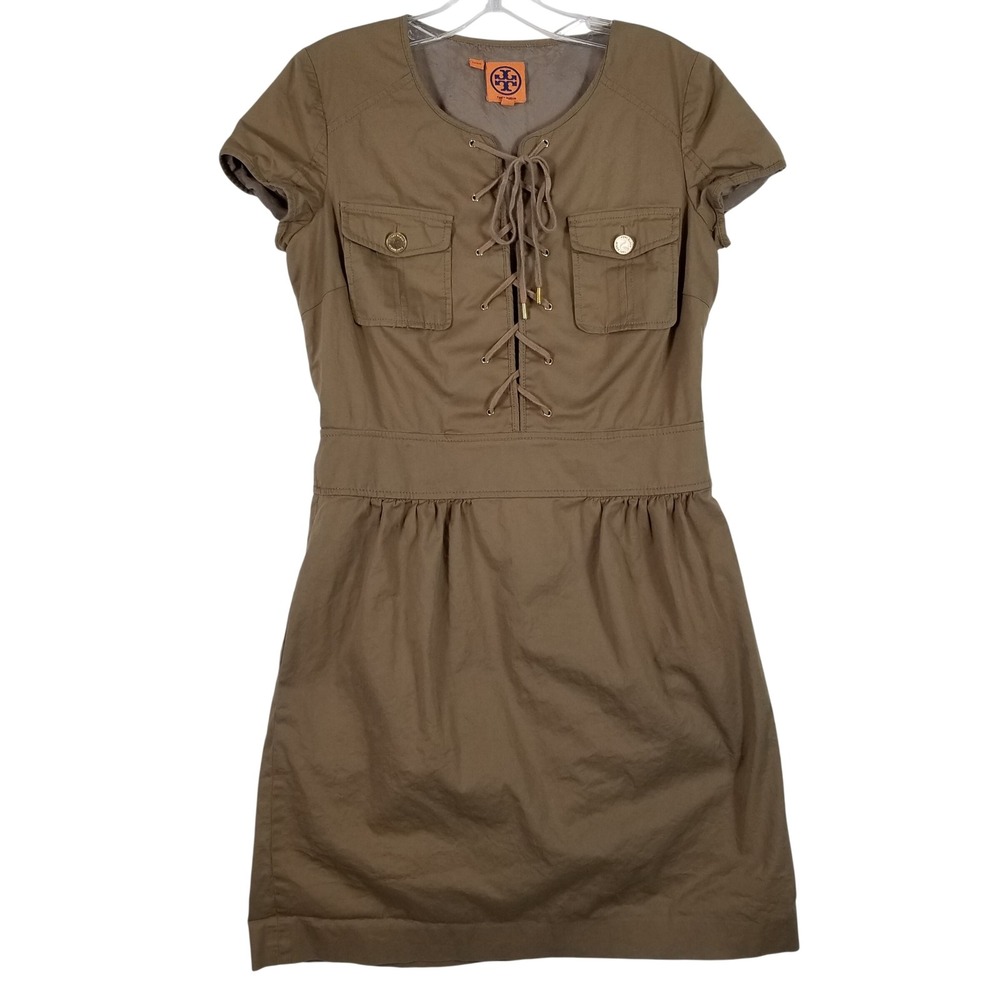 Tory Burch Lace Up Grommet Utility Dress Khaki Tan Cotton Stretch Size‎ 6